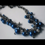 Vintage blue and faceted glass beads with swarovski crystals necklace